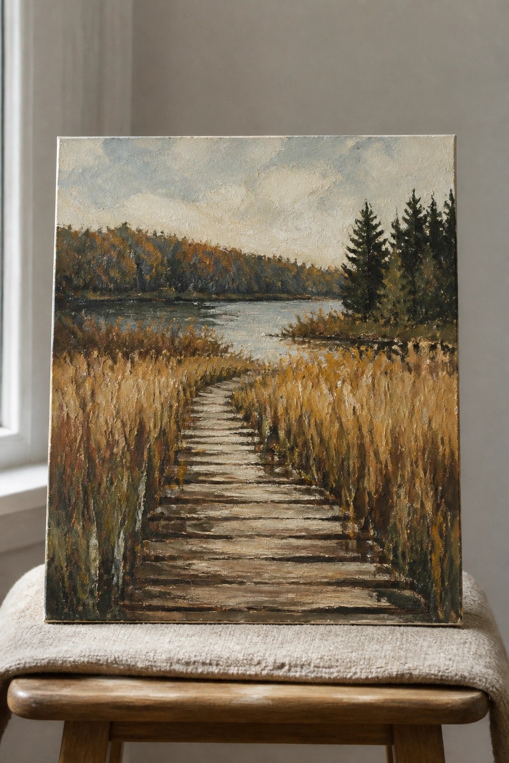 Oil painting of wooden boardwalk through golden reeds to a lakeside forest on stool.