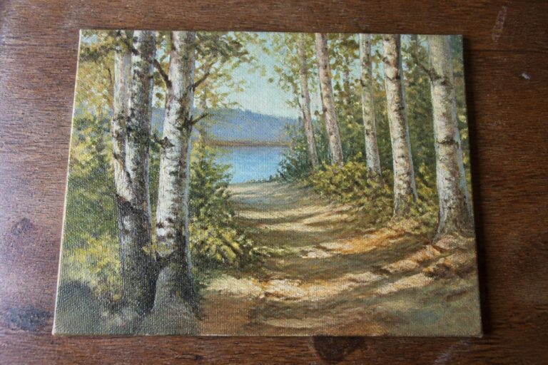 20 Inspiring Nature Oil Painting Ideas in Peaceful Woodland and Lake Settings Winding dirt path through white birch trees leads to a blue lake, oil painting