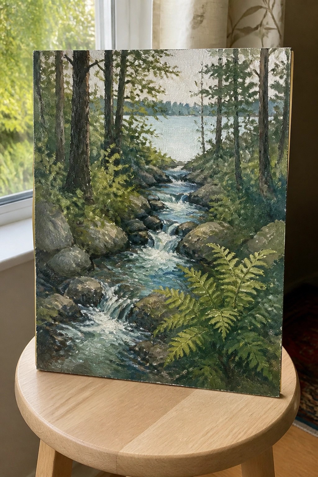 Landscape painting of rocky forest stream flowing into a calm lake, on wooden stool.