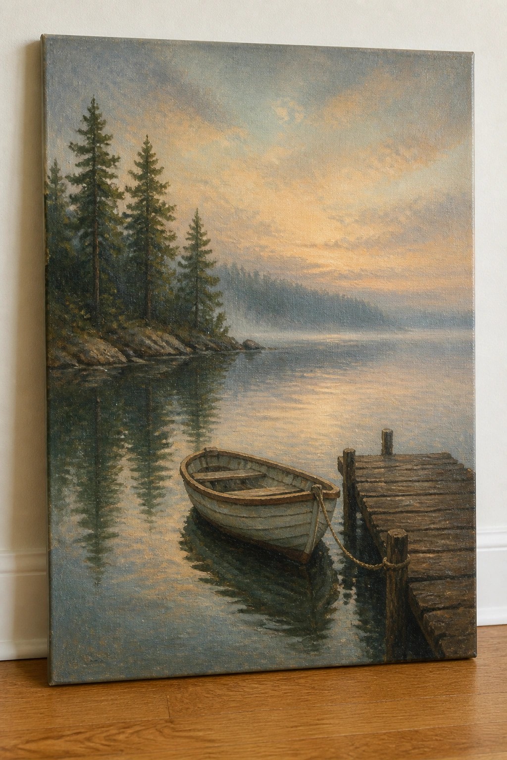 White rowboat tied to rustic wooden dock on misty lake with pine trees at dawn