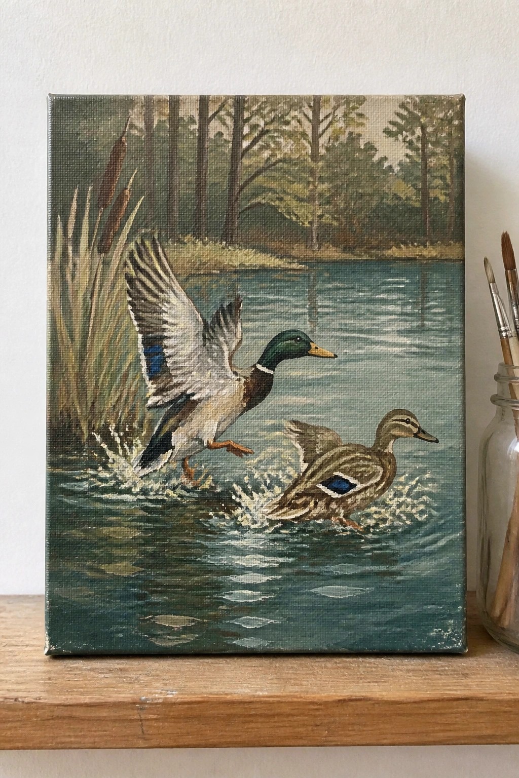 Realistic canvas painting of mallard ducks taking flight from a forested pond, with brushes nearby.
