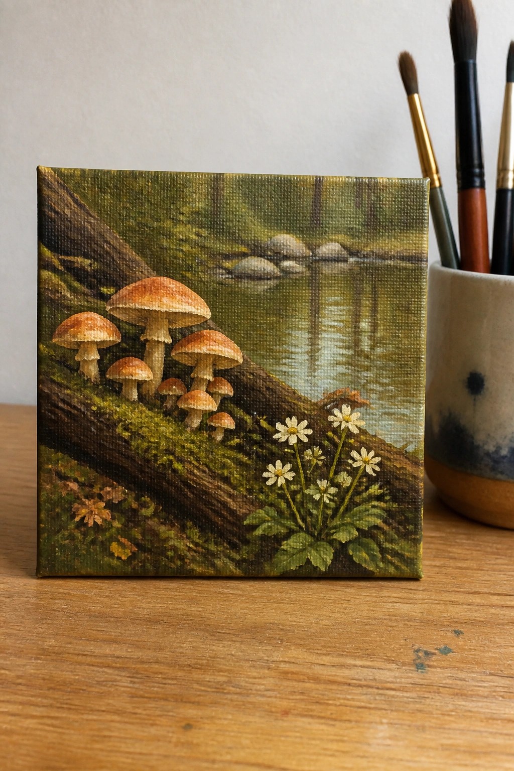 Miniature canvas painting of orange mushrooms on mossy log with white daisies and forest stream, paintbrushes nearby.