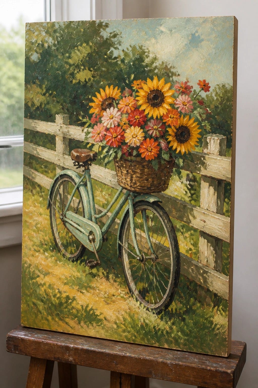 Green bicycle with basket of colorful flowers leaning against white wooden fence in landscape painting