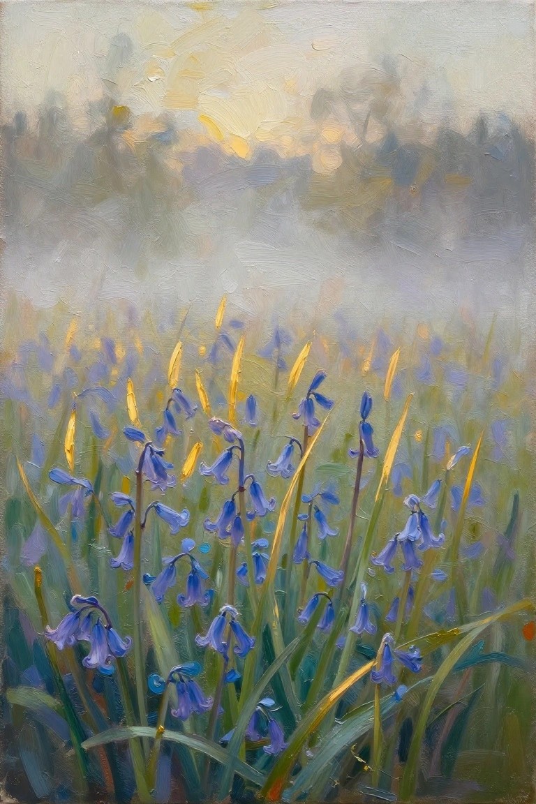 An oil painting of blue bell-shaped flowers growing among tall grass in a misty field with soft light in the background.