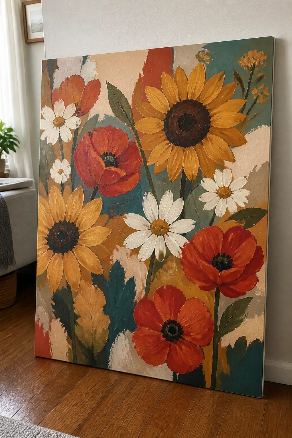 Abstract floral painting with yellow sunflowers, red poppies, and white daisies on canvas