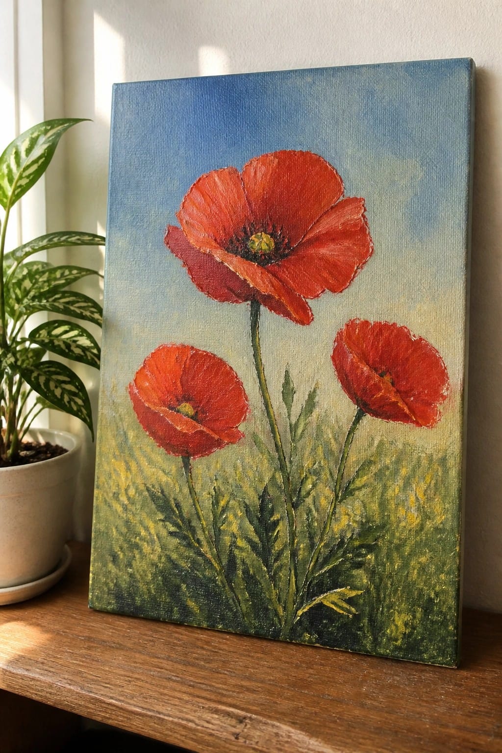 Three red poppies on canvas painting beside potted plant on wooden surface.
