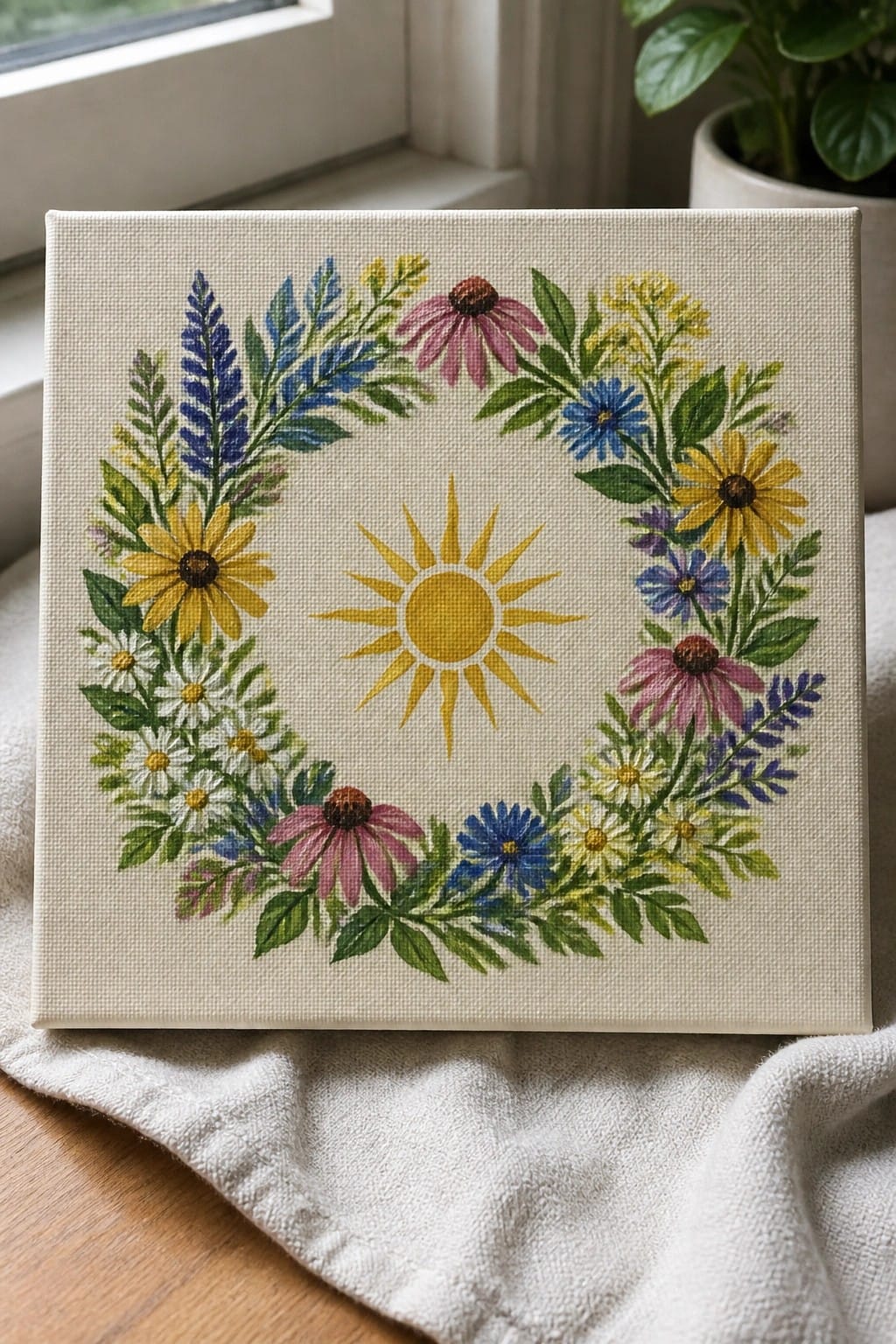 Square canvas with colorful floral wreath surrounding yellow sun on beige background.