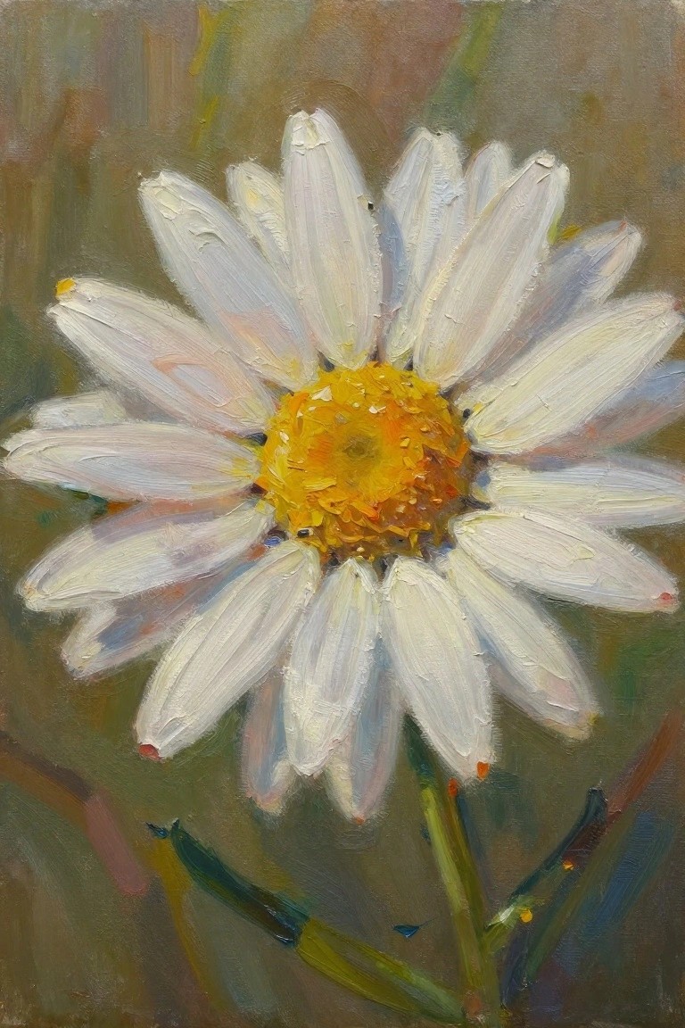 Vibrant white daisy with yellow-orange center on green stem, oil painting.