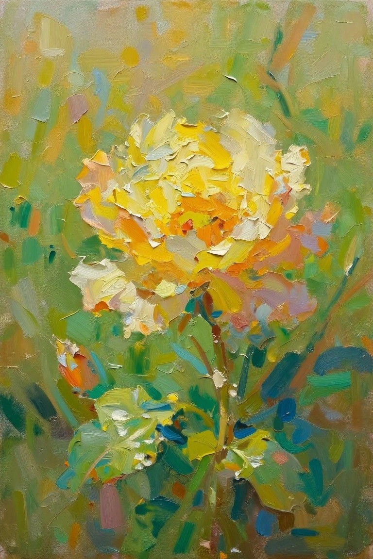 Vibrant yellow rose with thick brushstrokes amid colorful green and blue foliage