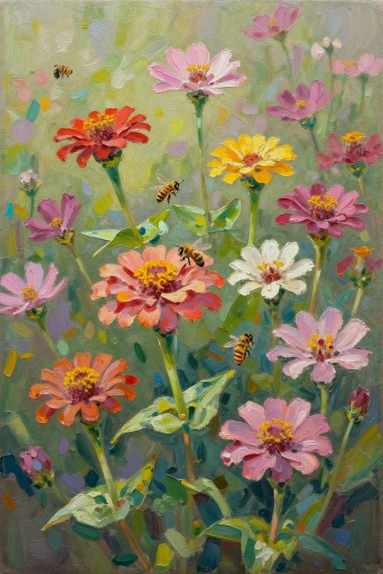 Vibrant pink, red, yellow zinnias with bees in lush impressionist garden painting