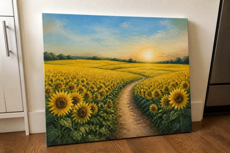 Vibrant painting of a winding path through a vast yellow sunflower field under bright sun.