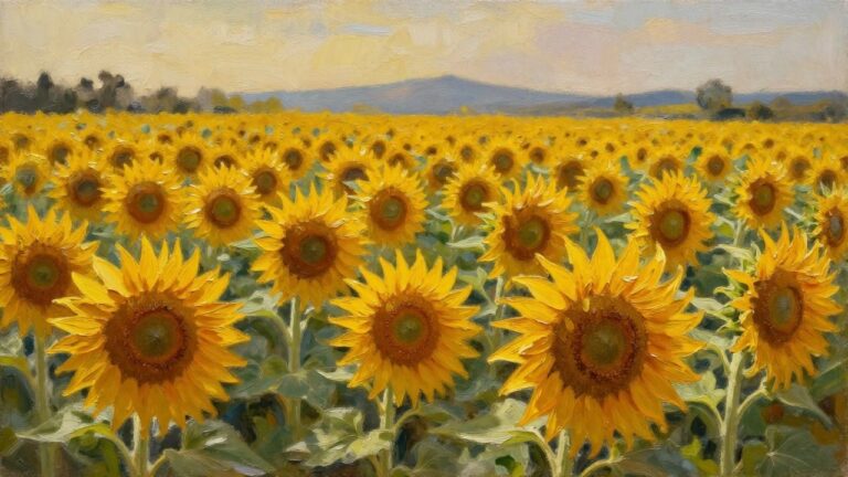 20 Lovely Summer Oil Painting Ideas Inspired by Sunshine and Blooming Fields Vast field of yellow sunflowers under a pastel sunset sky with distant hills