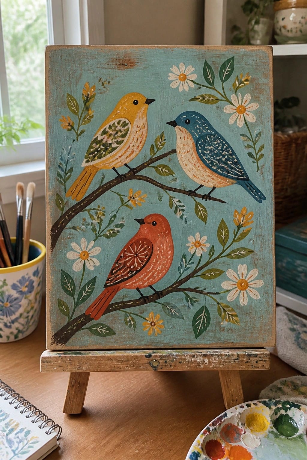 Three colorful birds on branches with flowers, painted on teal wooden plaque on easel.