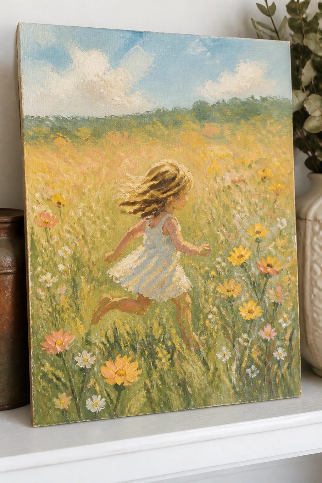 Girl in blue dress runs through sunny meadow of yellow and pink wildflowers