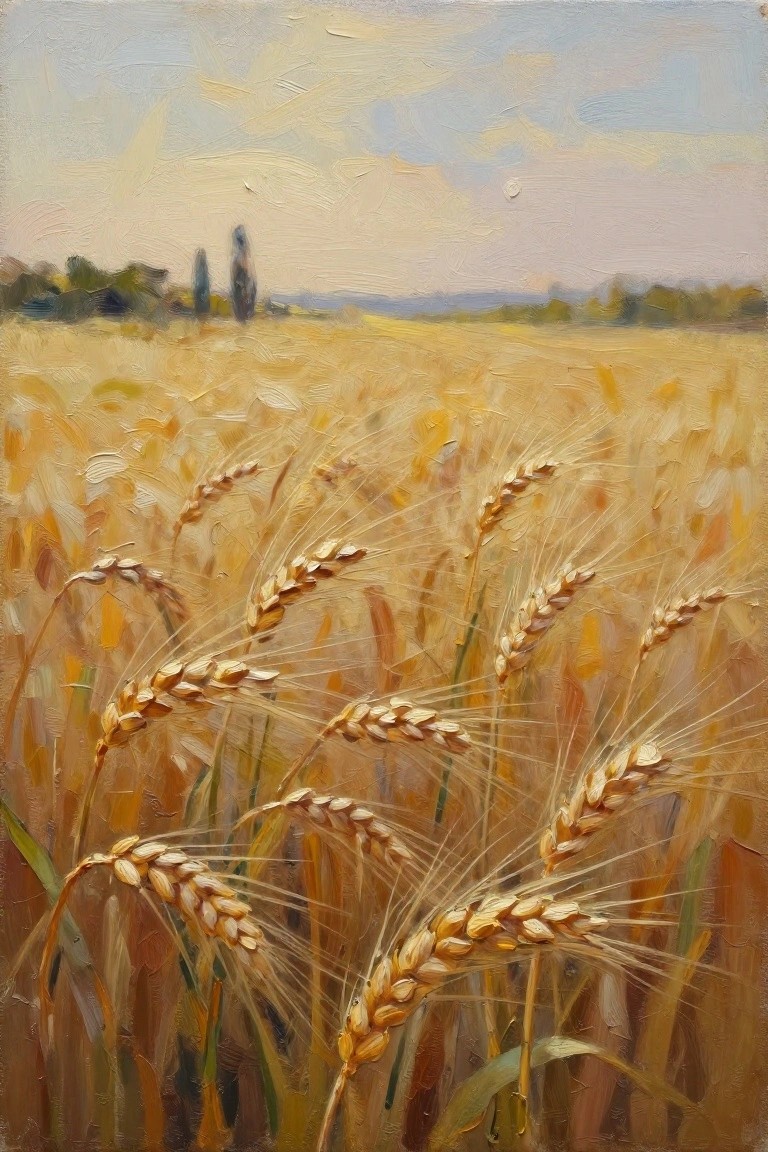 Golden wheat stalks fill a sunlit field beneath a soft cloudy sky