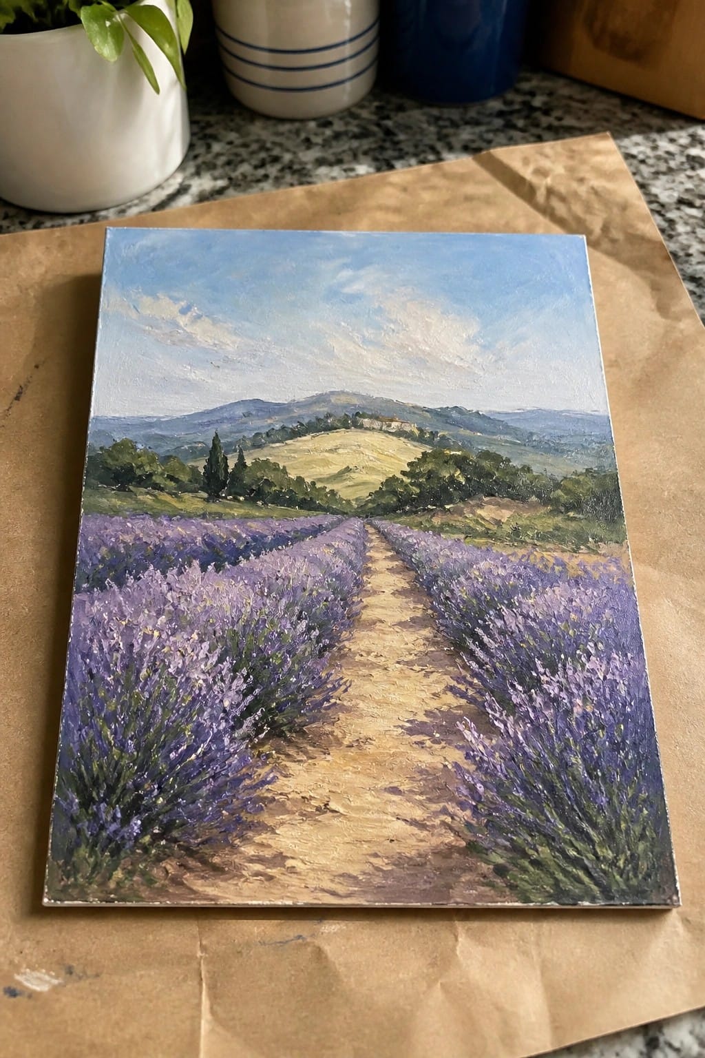 Oil painting of lavender rows lining a dirt path through rolling hills under blue sky