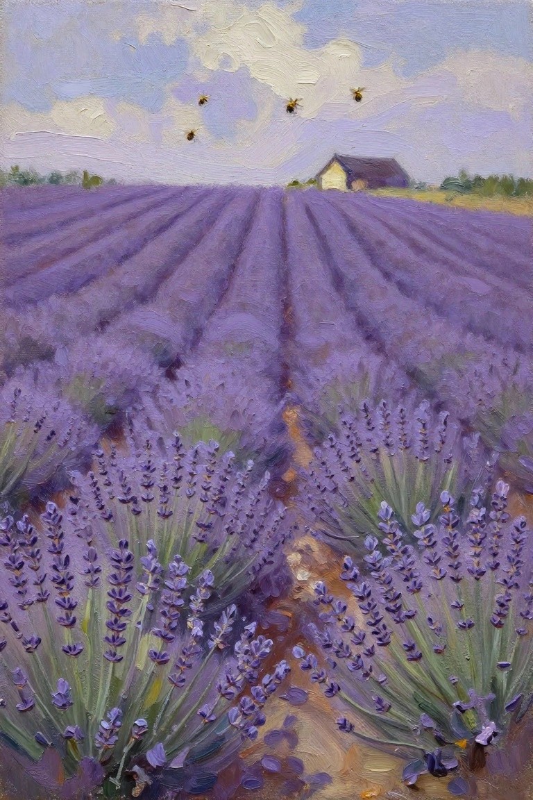 An oil painting of a lavender field with rows of purple flowers, a dirt path, bees flying above, and a small house in the background under a cloudy sky.