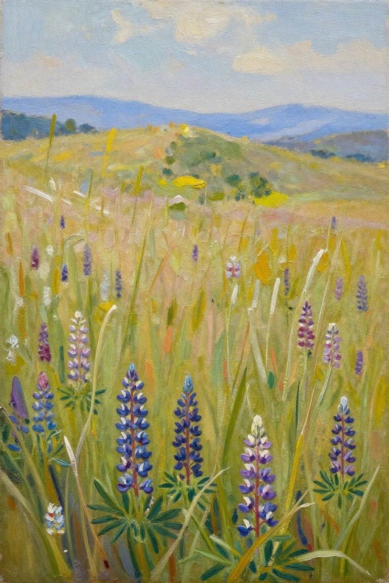 An oil painting of a grassy meadow with purple and blue lupine flowers in the foreground and rolling hills under a pale blue sky.