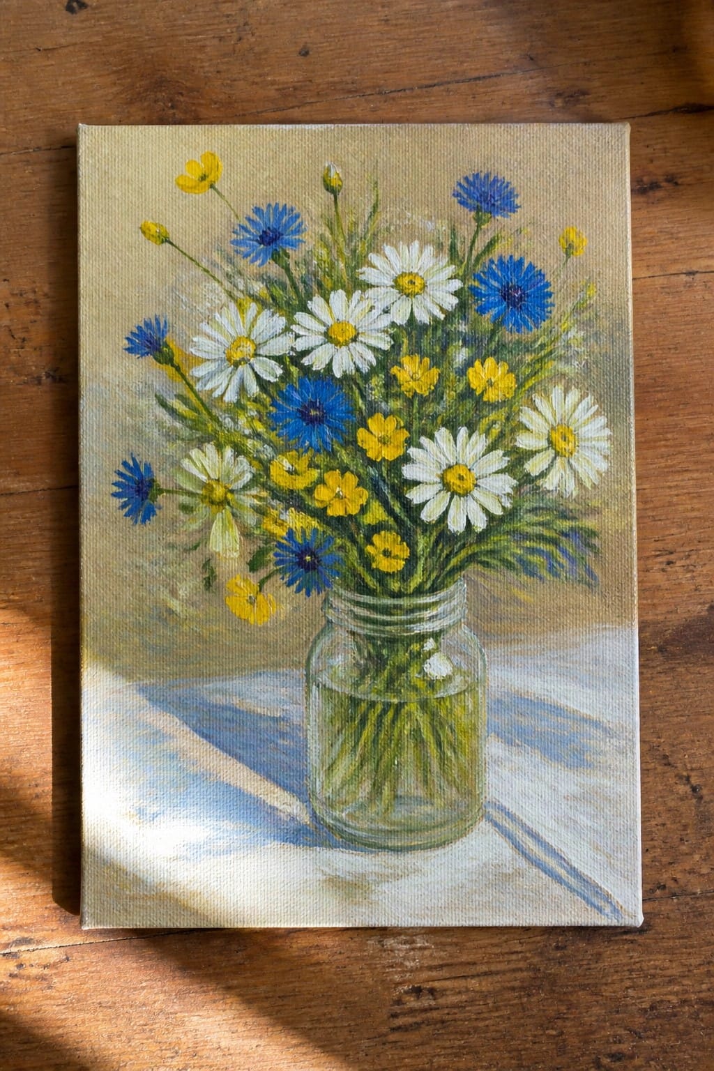 Painting of white daisies, blue cornflowers, and yellow blooms in a glass jar on wood.