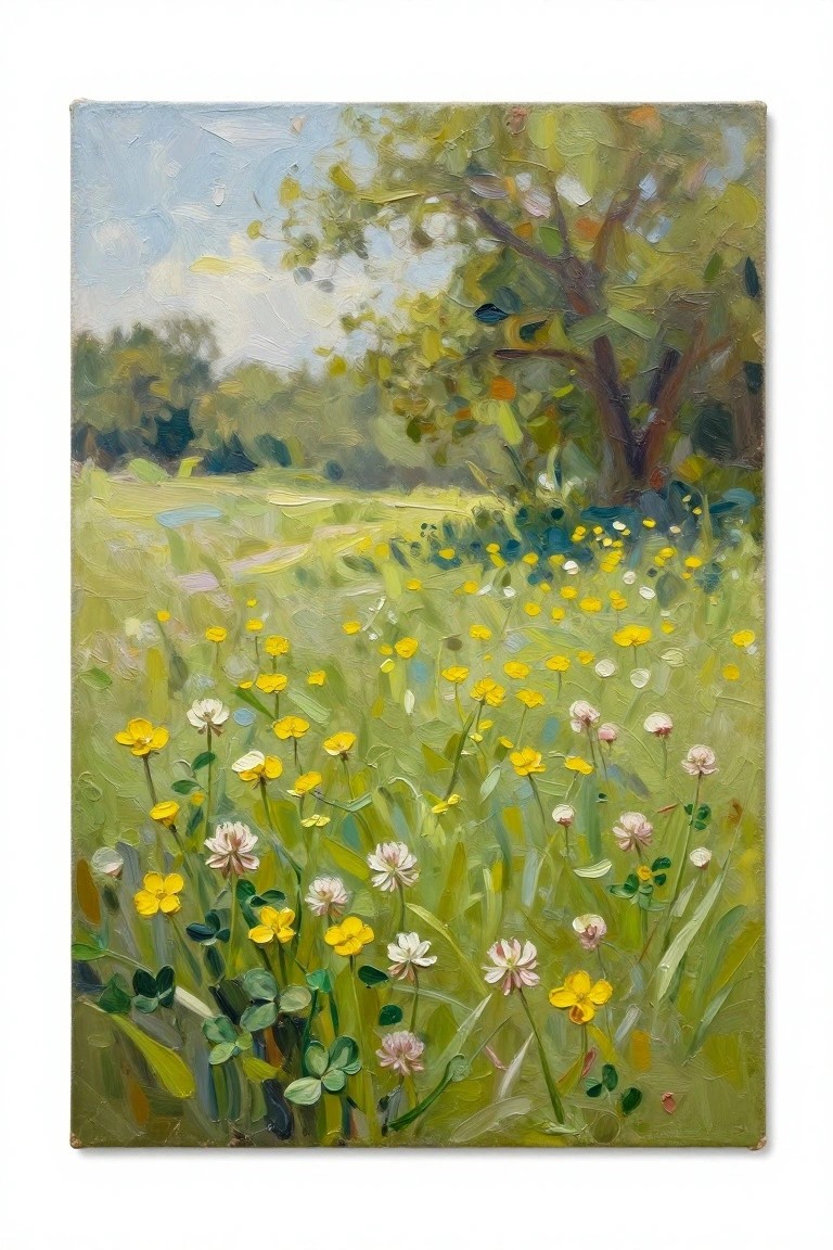 Impressionistic oil painting of meadow with yellow and white wildflowers amid green grass and trees.