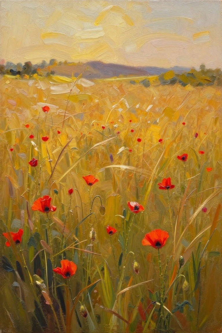 Golden wheat field with scattered red poppies in impressionistic oil painting style