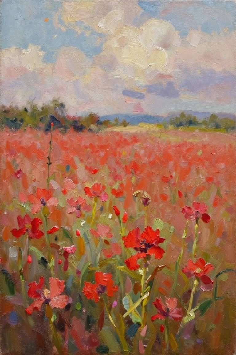 An oil painting of a red poppy field under a cloudy blue sky with distant hills and trees.