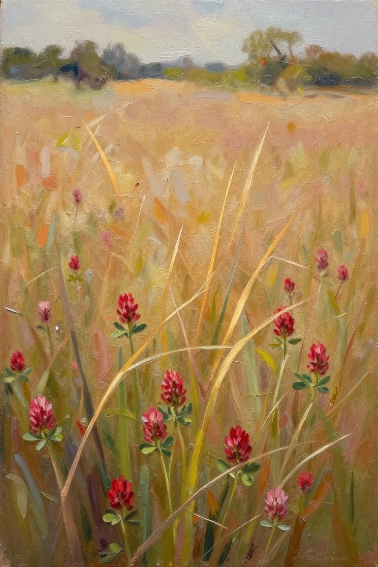 Oil painting of red clover flowers amid tall golden grass in a meadow