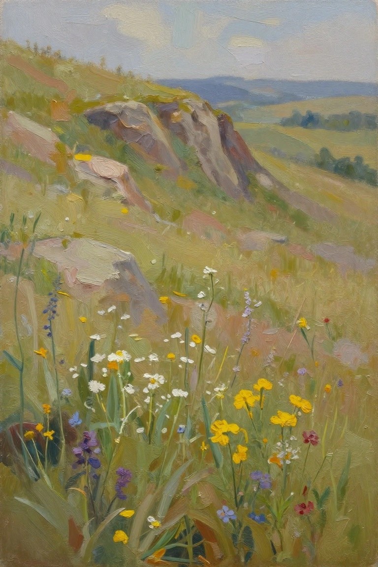 Colorful wildflowers bloom on a rocky grassy hillside with distant rolling hills.