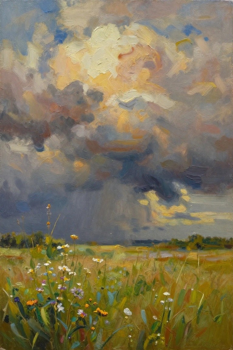 Stormy clouds with sunlight over a vibrant wildflower meadow, expressive oil painting.
