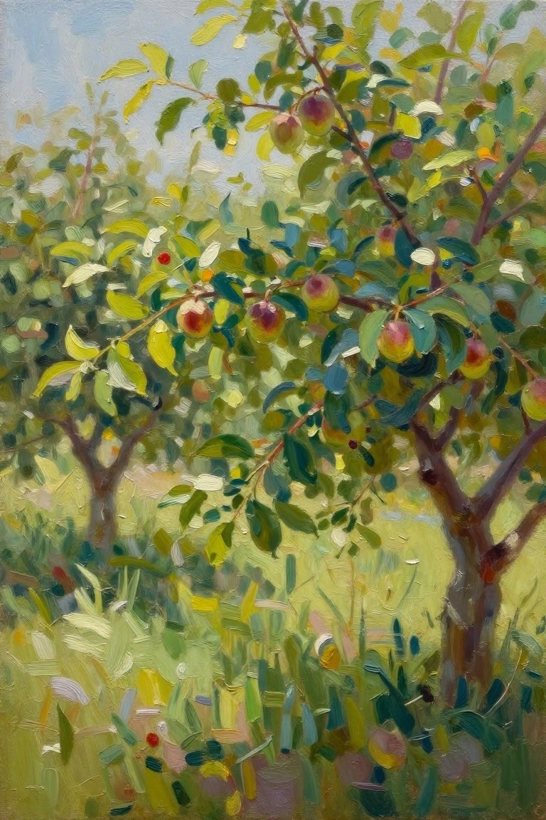 Impressionist painting of apple trees laden with ripe red and yellow fruits.