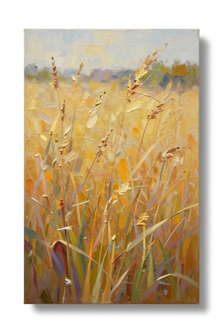 Impressionistic oil painting of golden wheat stalks in sunlit field