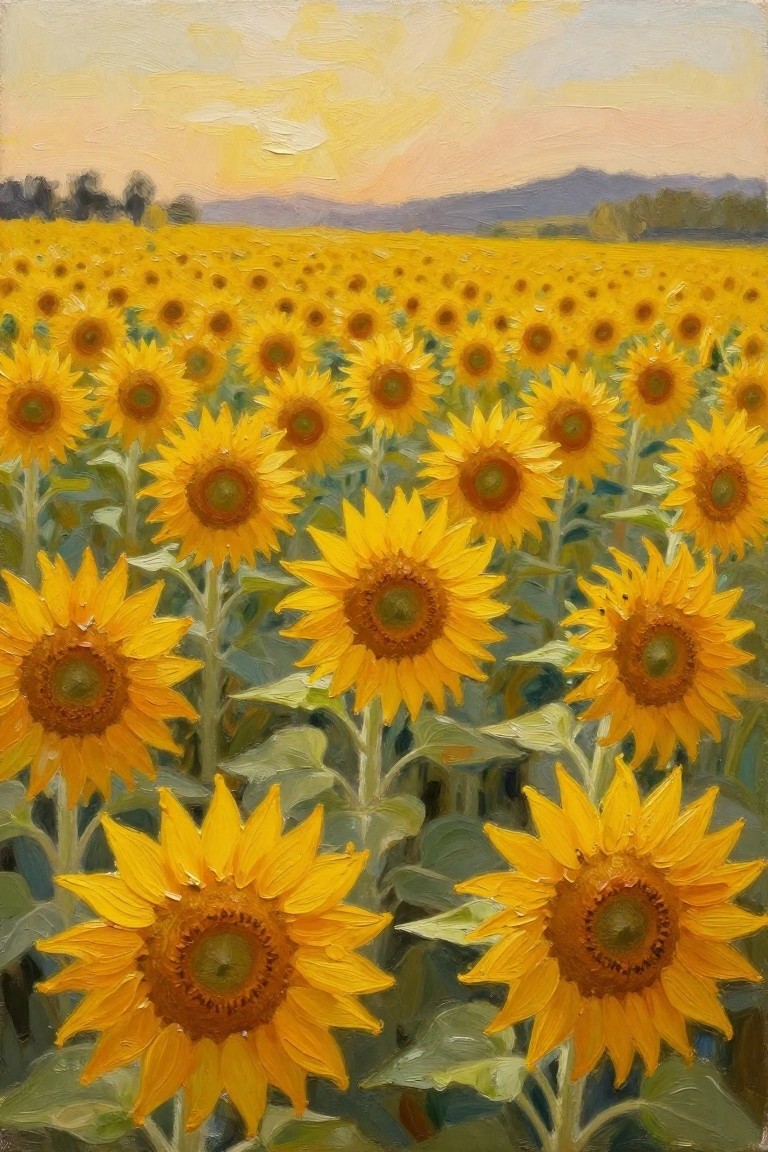Vast field of yellow sunflowers under a pastel sunset sky with distant hills