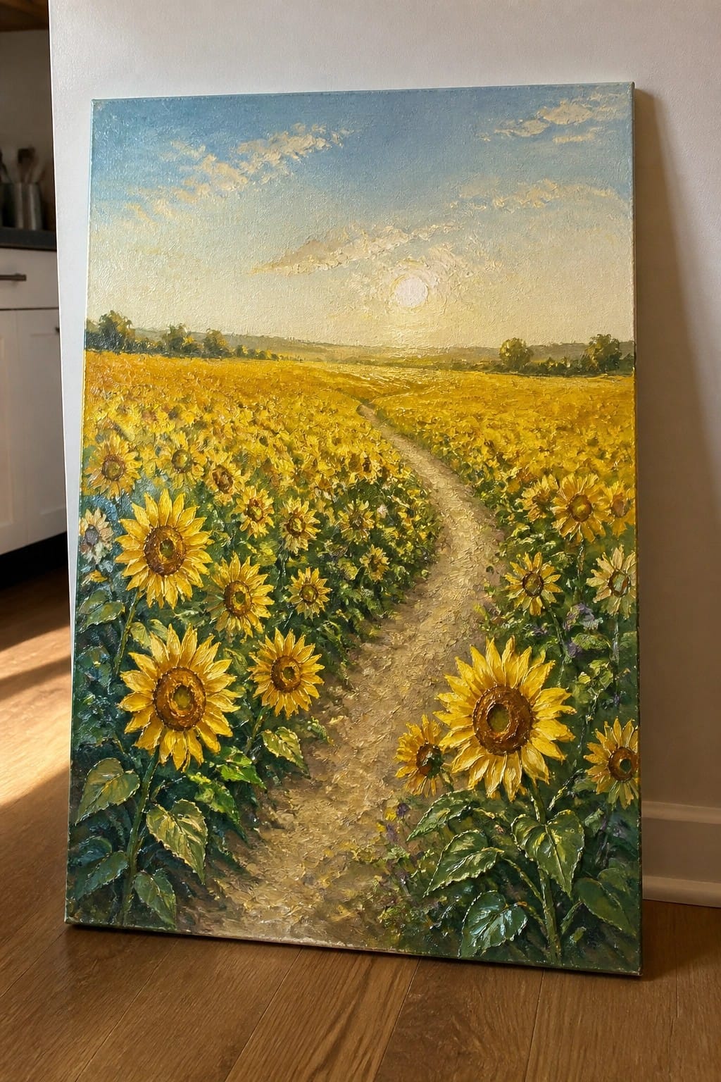 Vibrant painting of a winding path through a vast yellow sunflower field under bright sun.