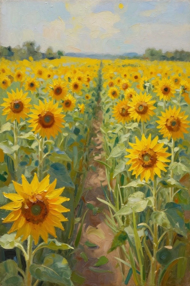 Vibrant oil painting of a vast sunflower field with a central dirt path under blue skies.