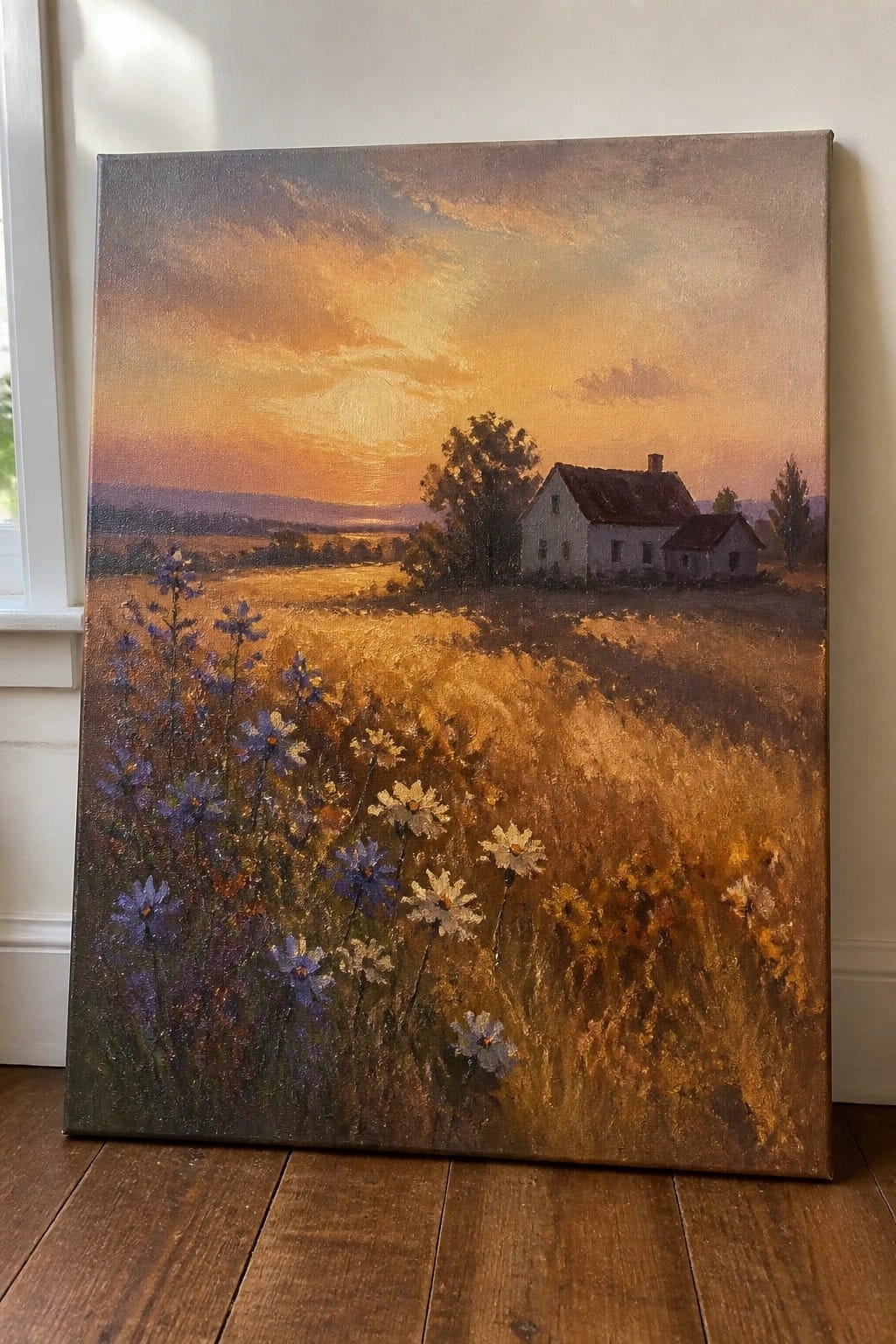Golden sunset over white farmhouse in wheat field with blue and white wildflowers.