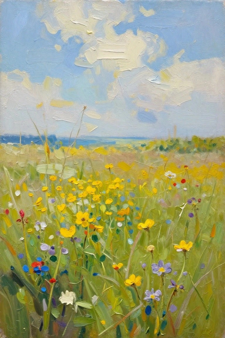 An impressionistic oil painting depicts a field of yellow wildflowers interspersed with other colors beneath a cloudy blue sky.