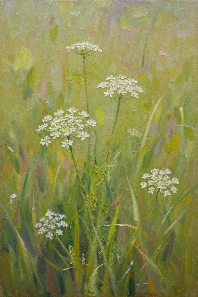 White wildflowers on slender stems in a lush green meadow painting