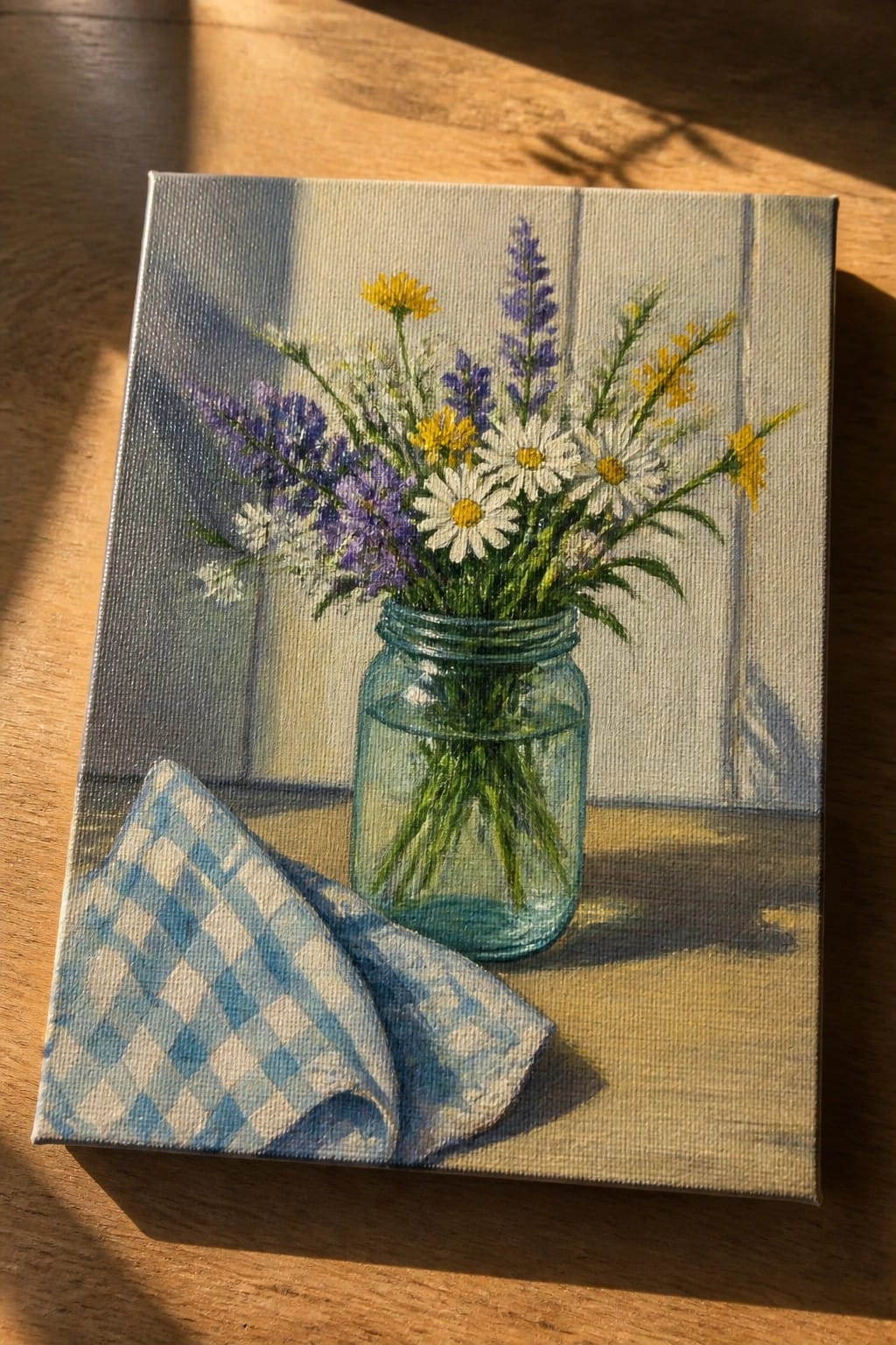 Wildflowers in glass mason jar beside blue checkered cloth on sunlit wood