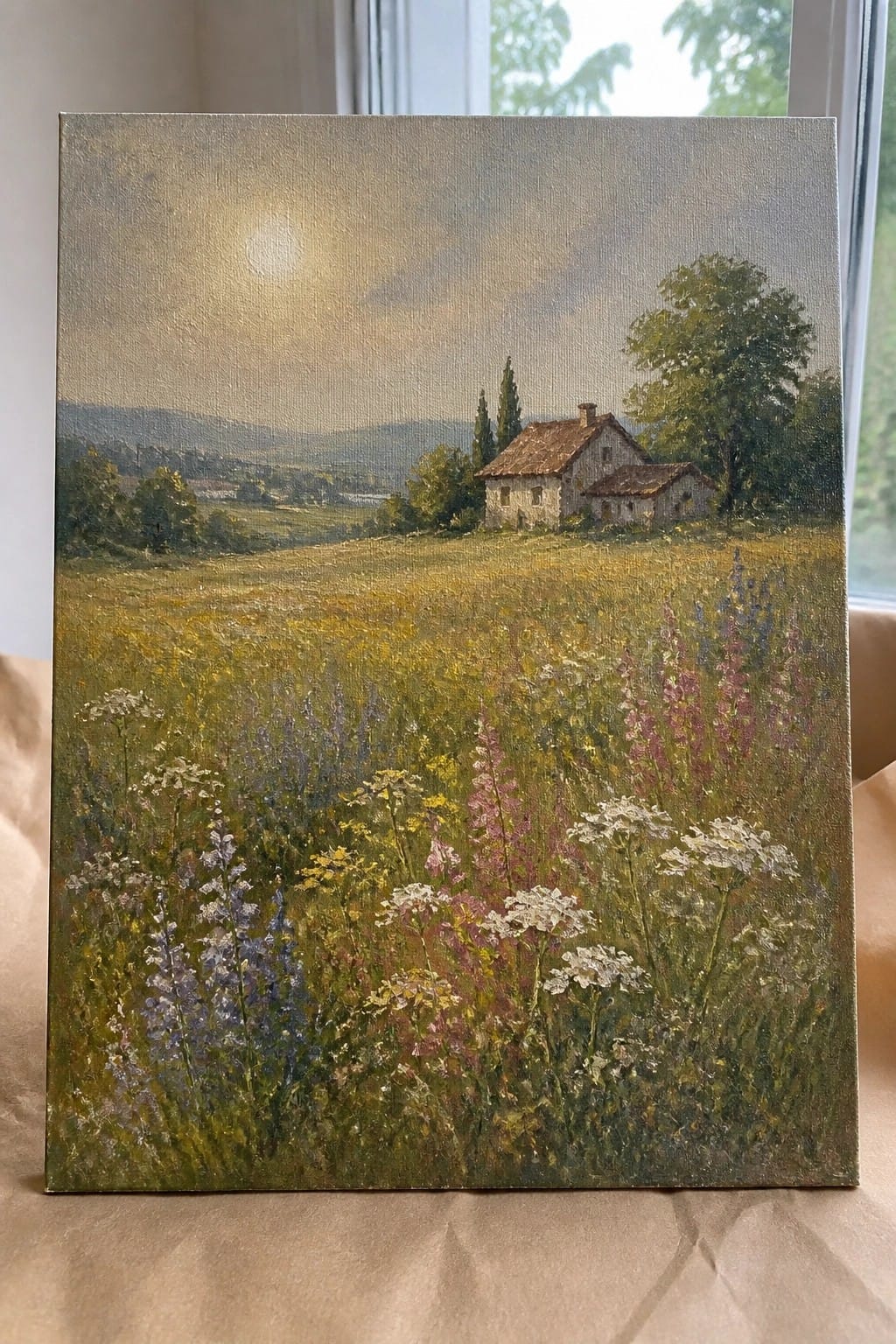 Sunlit meadow with colorful wildflowers, rustic house, trees, and rolling hills in oil painting.