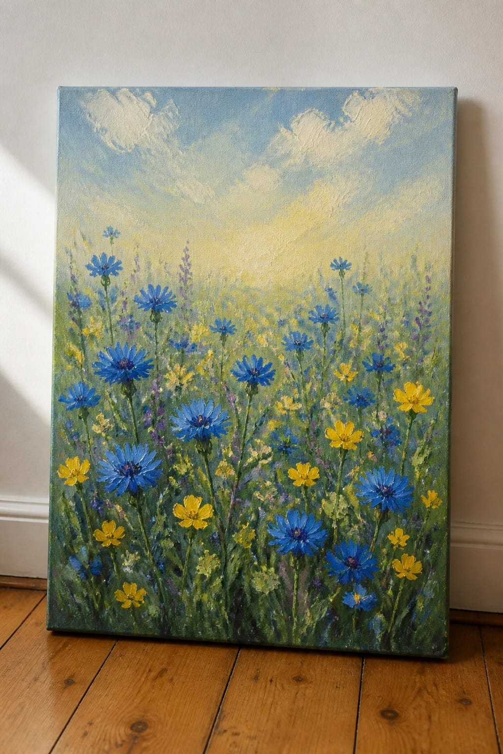 Colorful oil painting of blue cornflowers and yellow flowers in a meadow under a cloudy sky