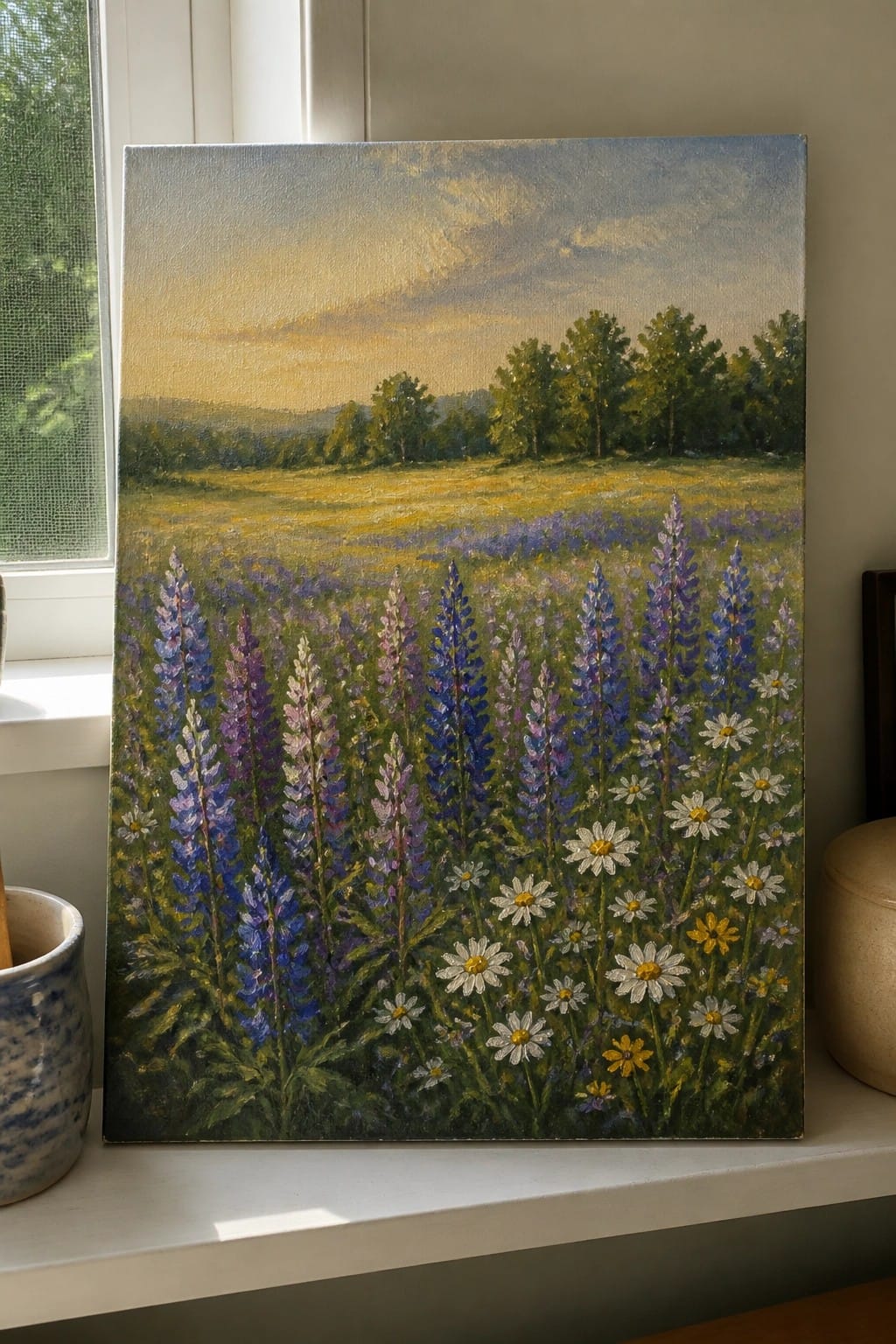 Oil painting of purple lupines and white daisies in a meadow with trees