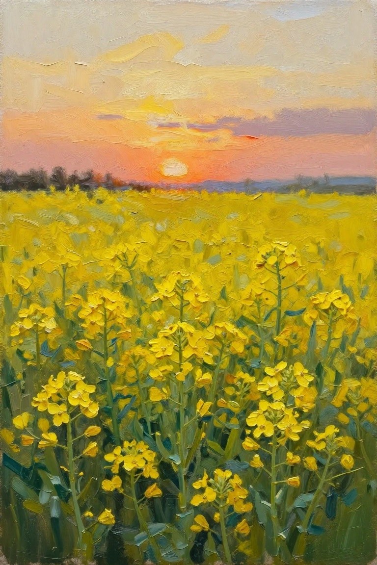 Vast yellow flower field beneath a vibrant orange-pink sunset sky