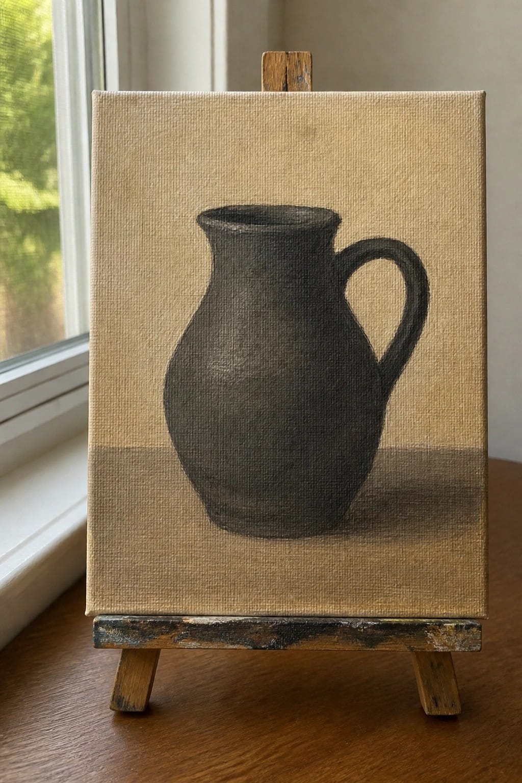 Dark pitcher with handle on beige canvas atop wooden easel by window