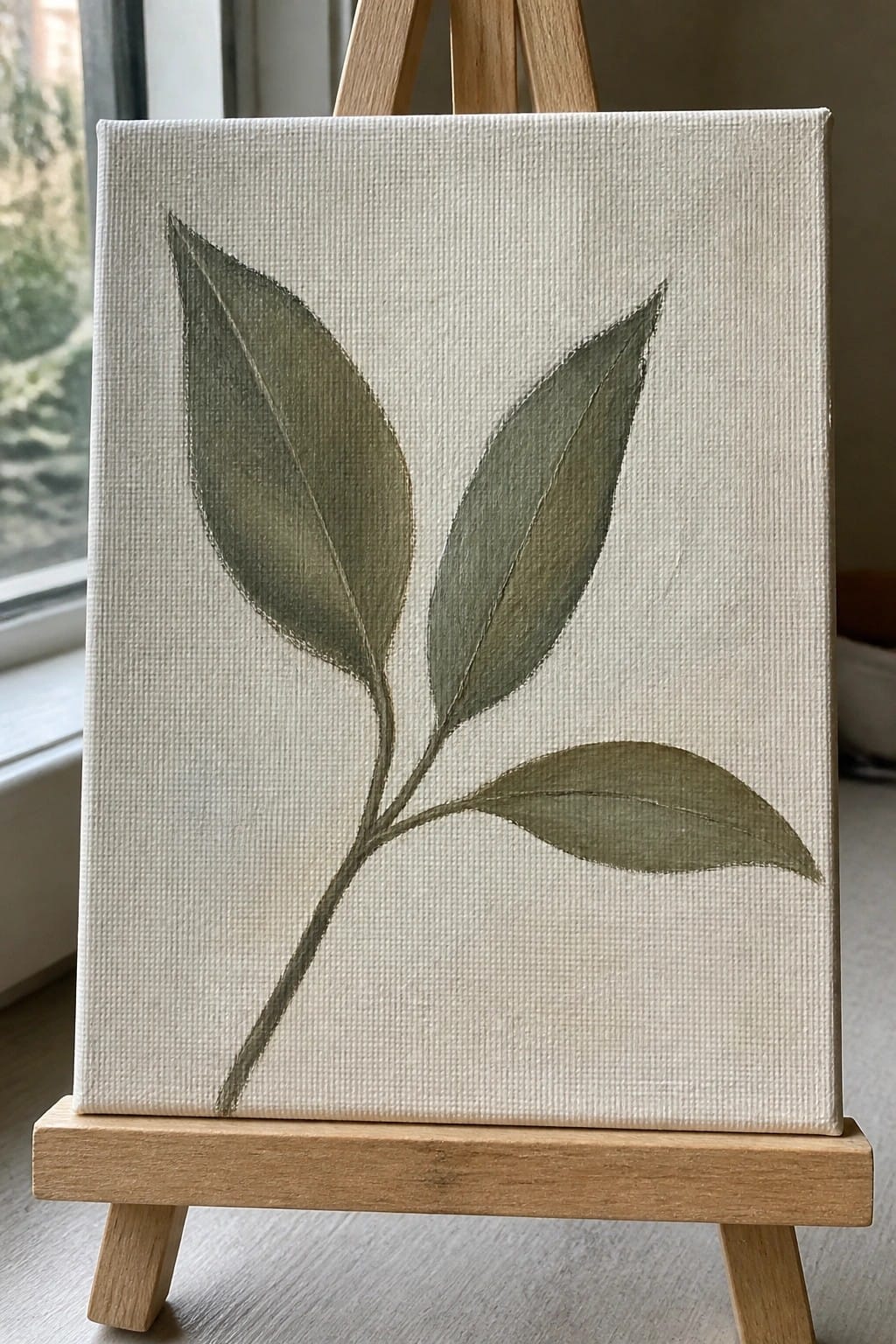 Painting of green leaves on stem displayed on white canvas atop wooden easel.