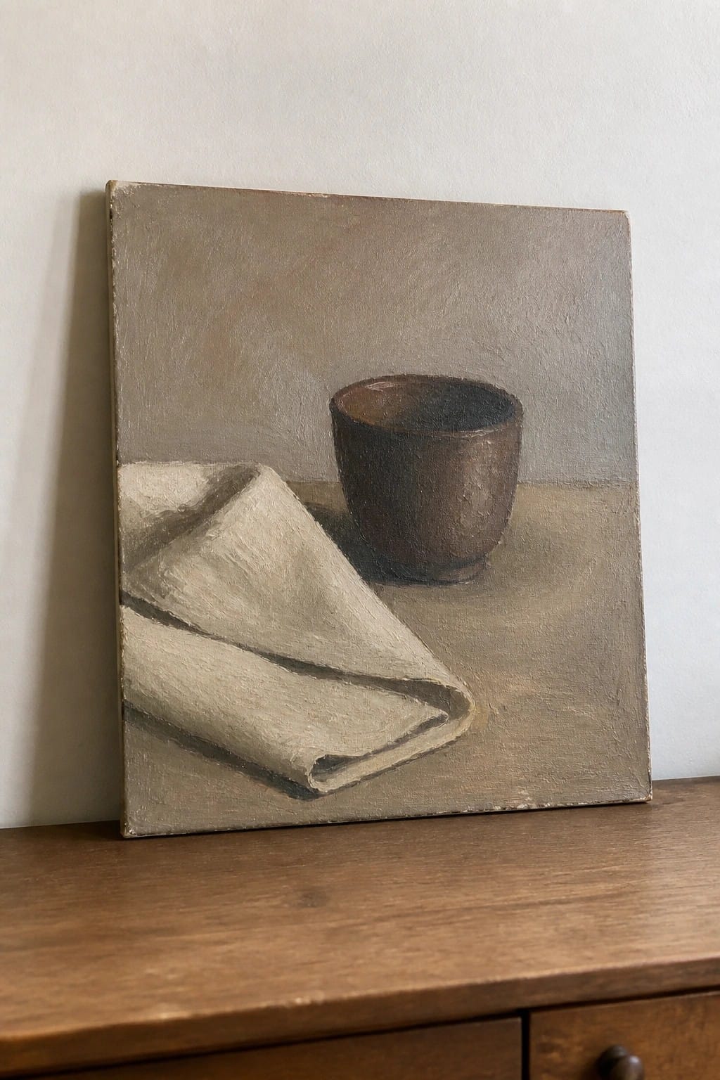 Still life painting of brown cup beside folded white cloth on neutral surface