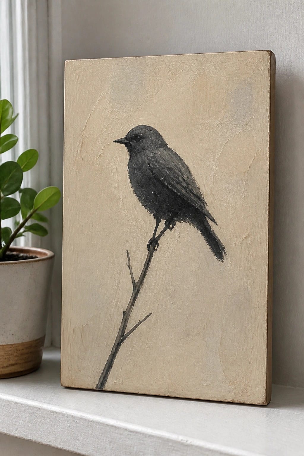 Black bird perched on bare branch in textured beige painting beside potted plant.