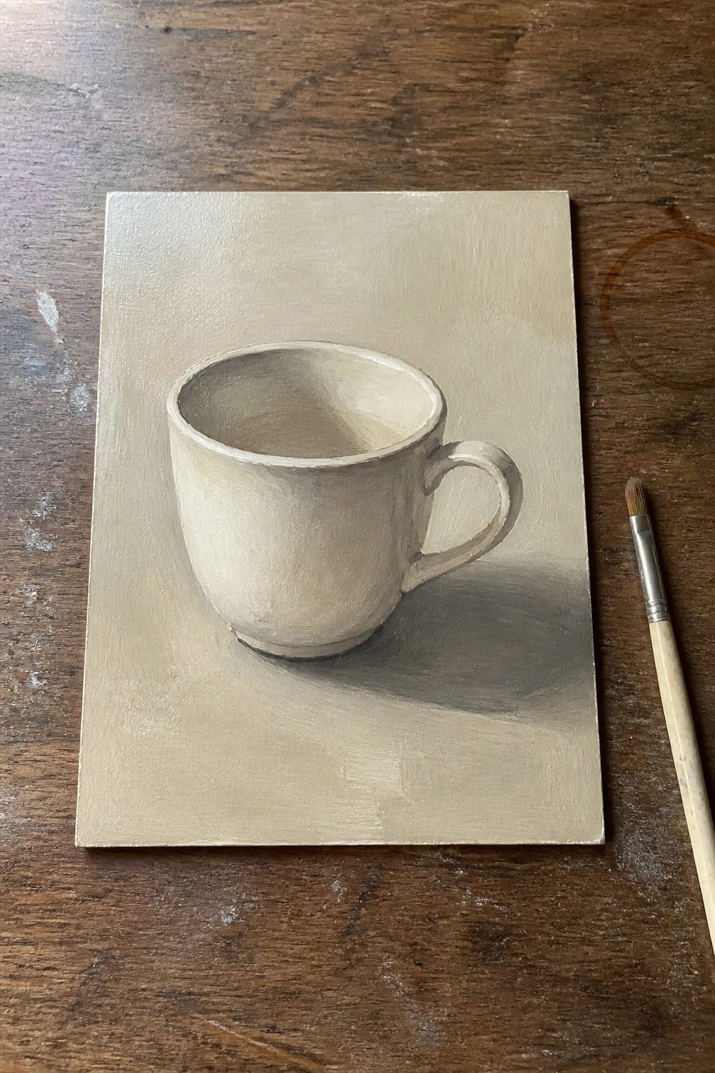 Painting of white ceramic mug with handle beside paintbrush on wood table
