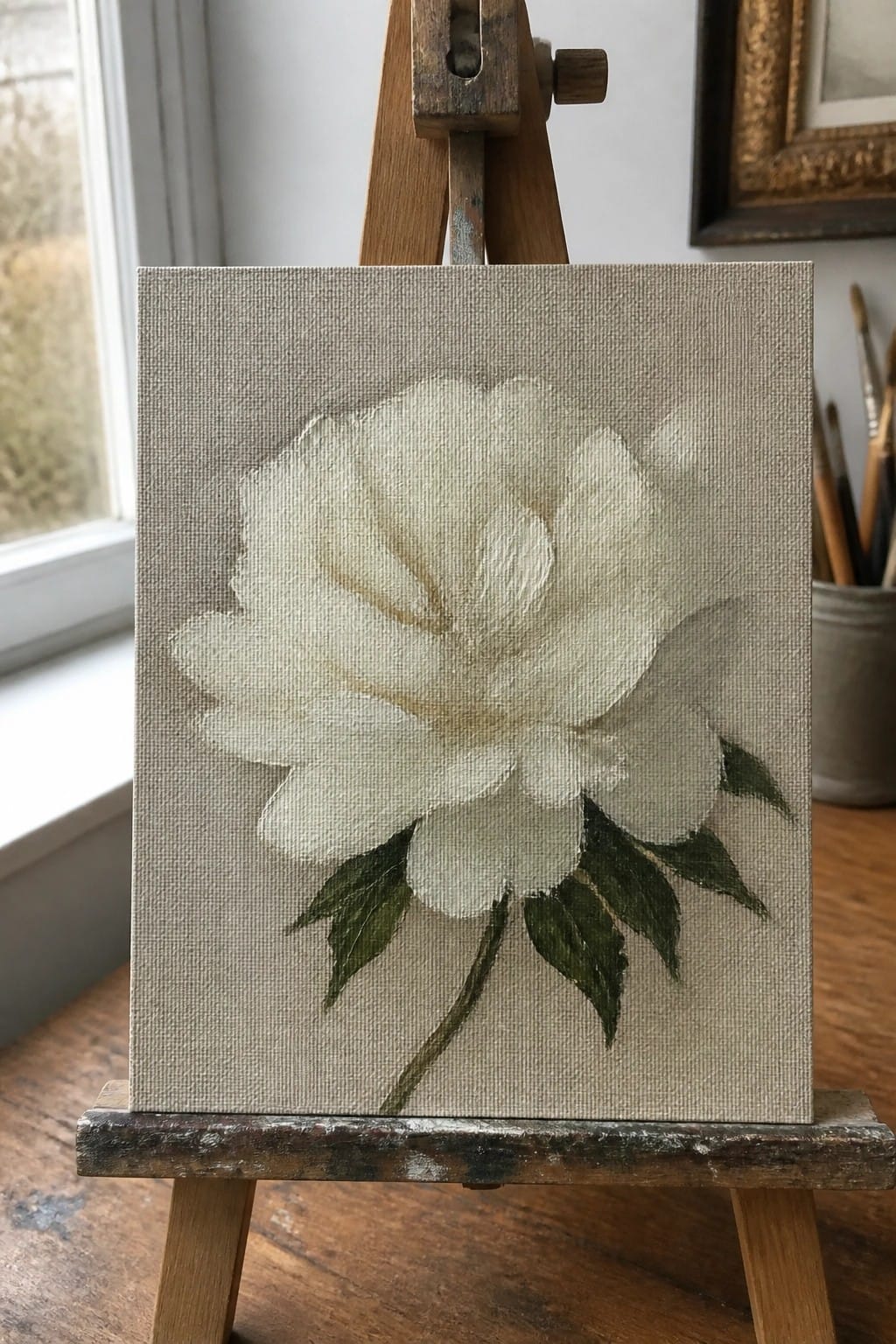 White peony painting with green leaves on wooden easel in studio