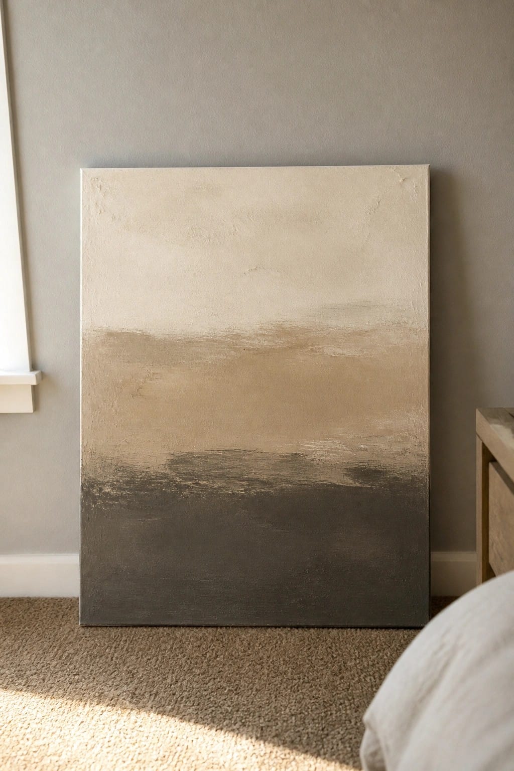 Large abstract painting with beige-to-gray gradient leaning against bedroom wall on carpet