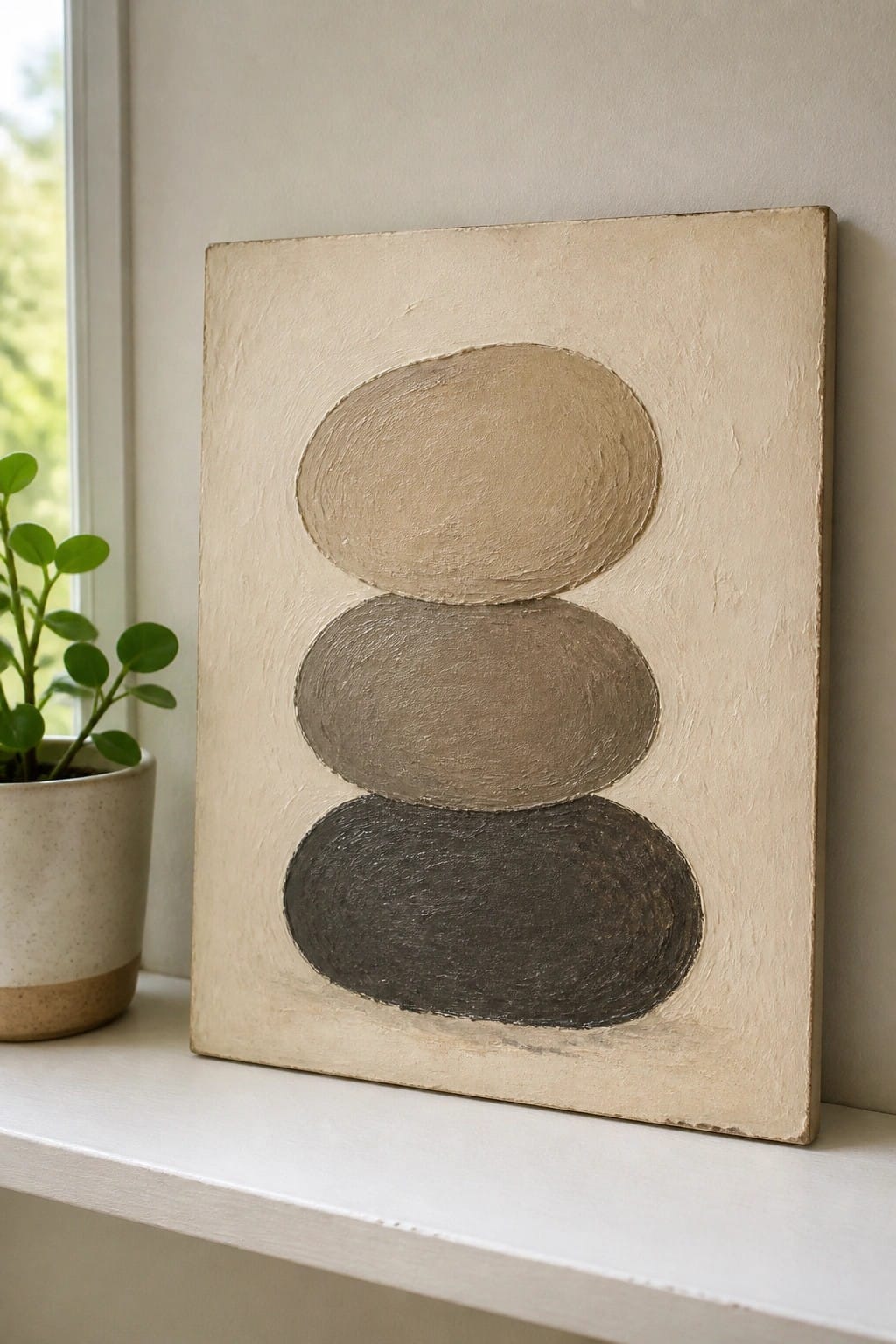 Abstract painting of three stacked ovals in neutral tones beside a potted plant.